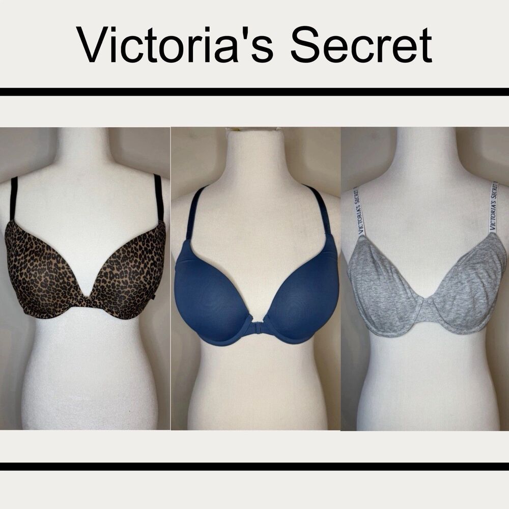 Victoria’s Secret 36C 3pc Bra Lot Leopard Print Tan Black, Blue, Gray T Shirt